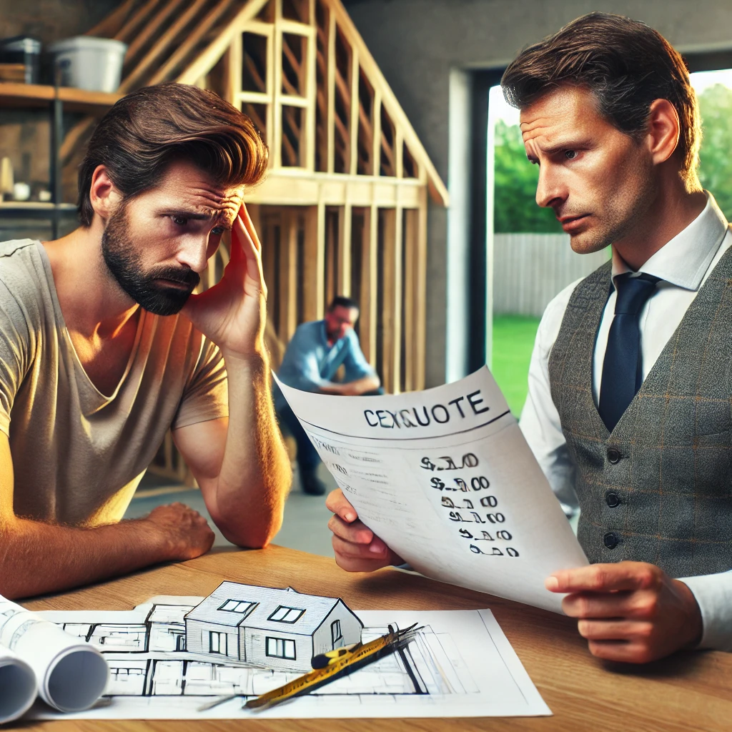 A frustrated homeowner looks at a construction quote while discussing costs with a professional builder. The builder, calm and knowledgeable, gestures towards the plans on the table, explaining the pricing. In the background, a partially built house showcases the construction process. The scene conveys collaboration and understanding rather than conflict, highlighting the importance of budgeting in home building.